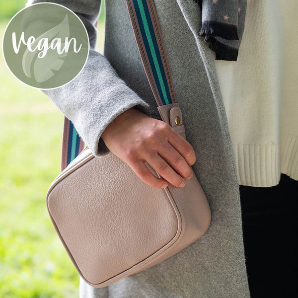 Vegan Dusky Pink Leather Cross Body Bag With Interchangeable Striped Strap