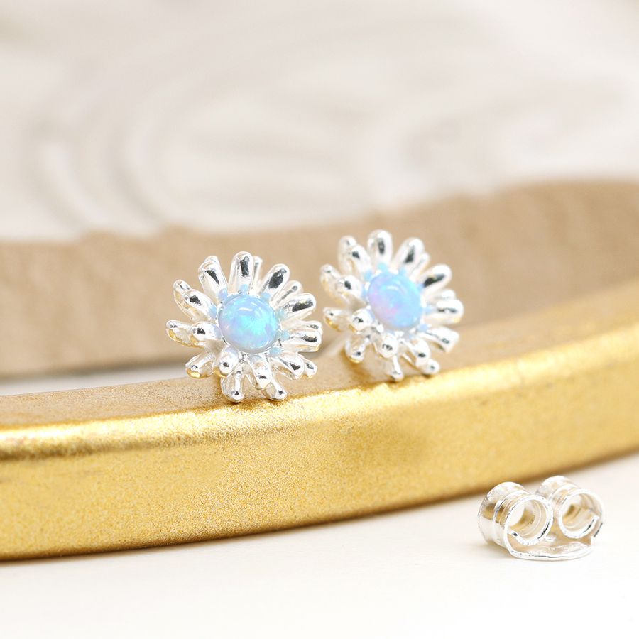 Sterling Silver Blue Opal Flower Burst Earrings