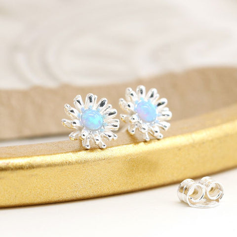 Sterling Silver Blue Opal Flower Burst Earrings