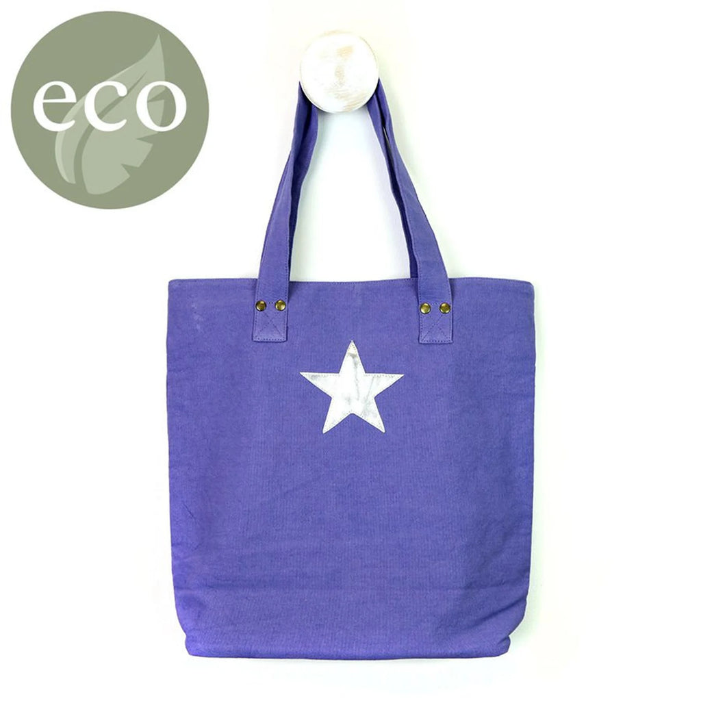 Blue Cotton Tote Bag With Silver Star