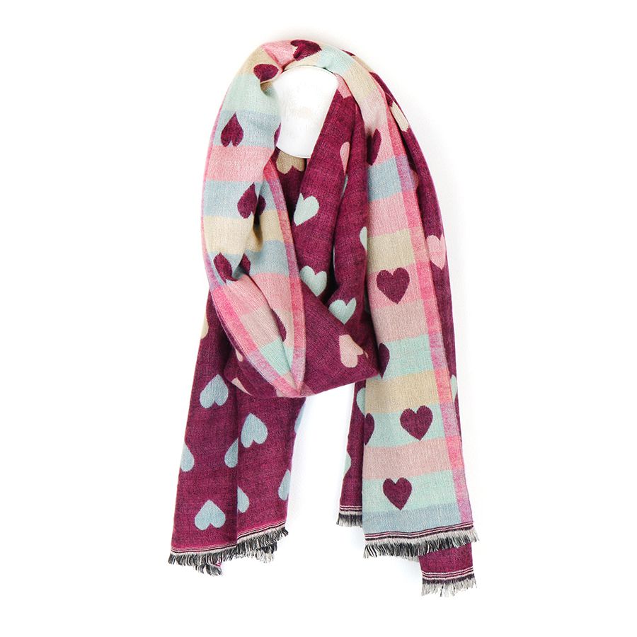 Cherry & Pastel Reversible Multicoloured Heart & Check Scarf