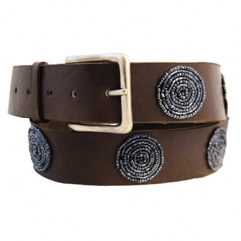 Grey Disc Bullet Beaded Leather Belt