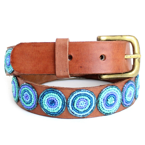 Blue Duara Disc Beaded Leather Belt