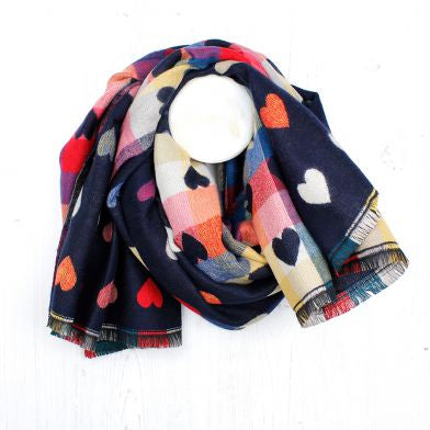 Blue Navy Reversible Multicoloured Heart & Check Scarf