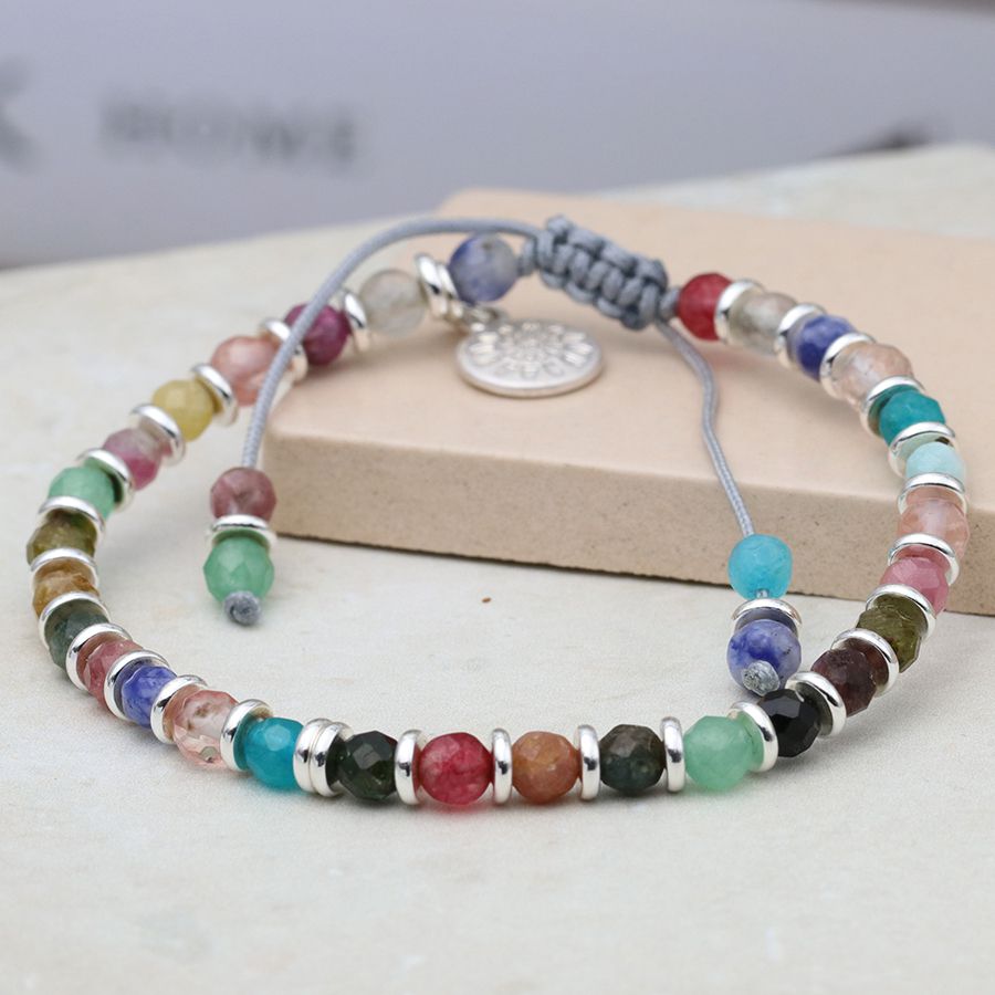 Silver Plated Corded Bracelet With Rainbow Crystal Beads