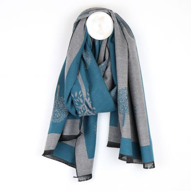 Teal and Grey Reversible Jacquard Tree Scarf