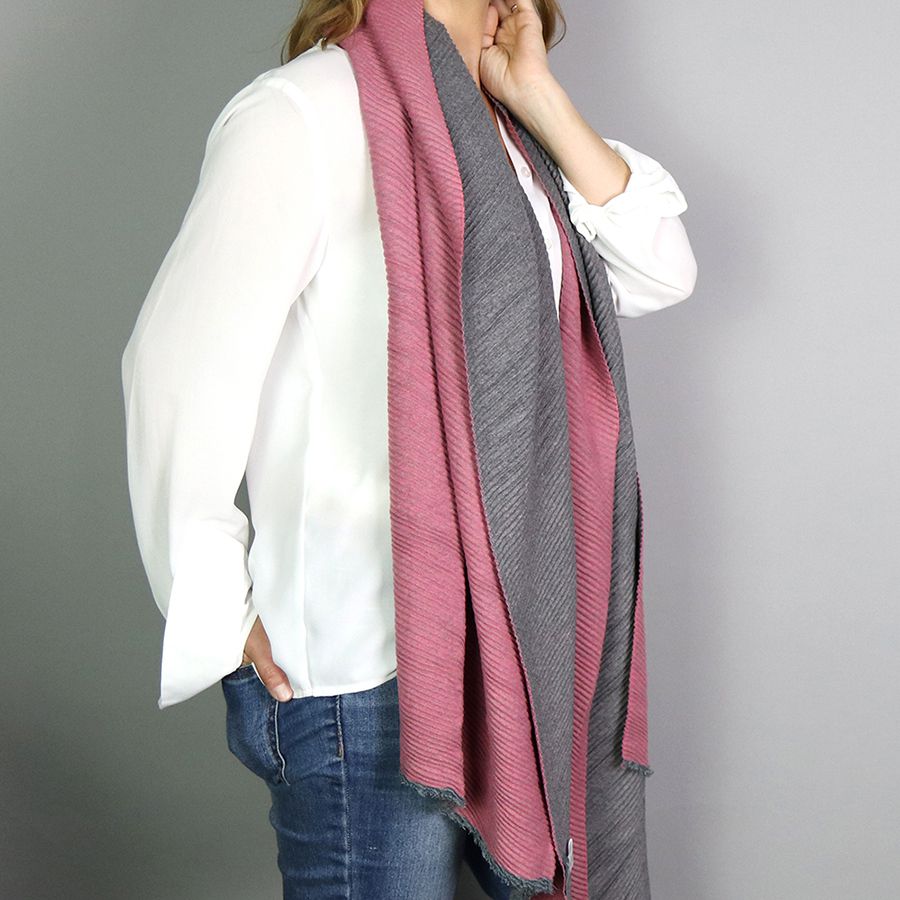 Pink And Grey Pleated Reversible Scarf