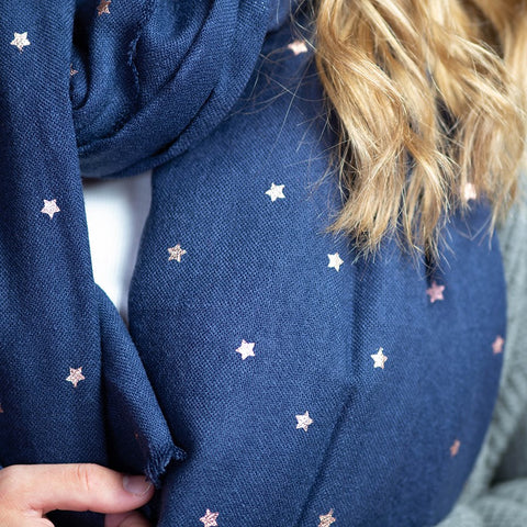 Navy Blue Scarf With Rose Gold Stars