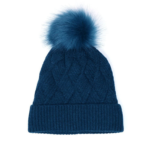 Blue Teal Diamond Knit Faux Fur Bobble Hat