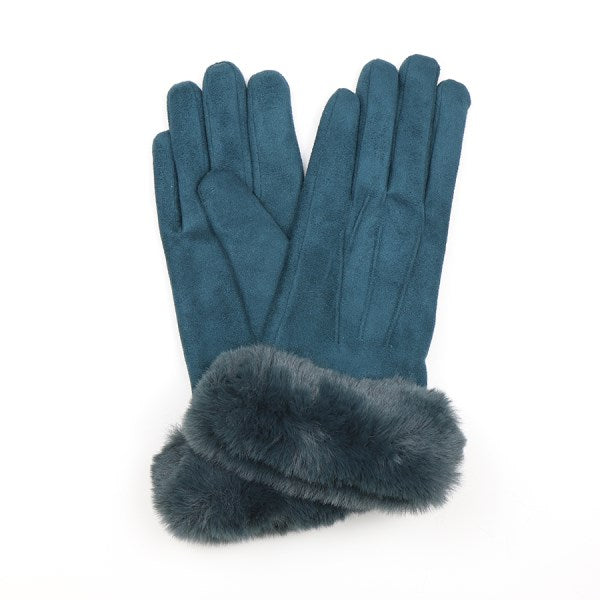 Teal Suede Gloves With Faux Fur Trim