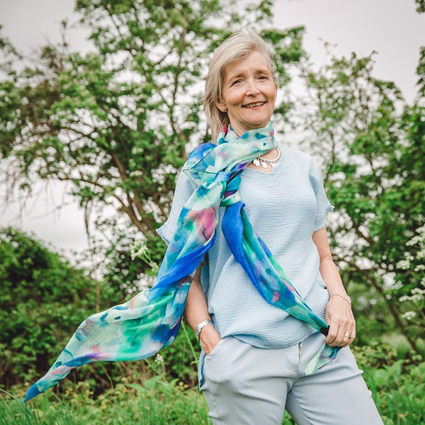 Blue Floral Bouquet Large Pure Silk Scarf