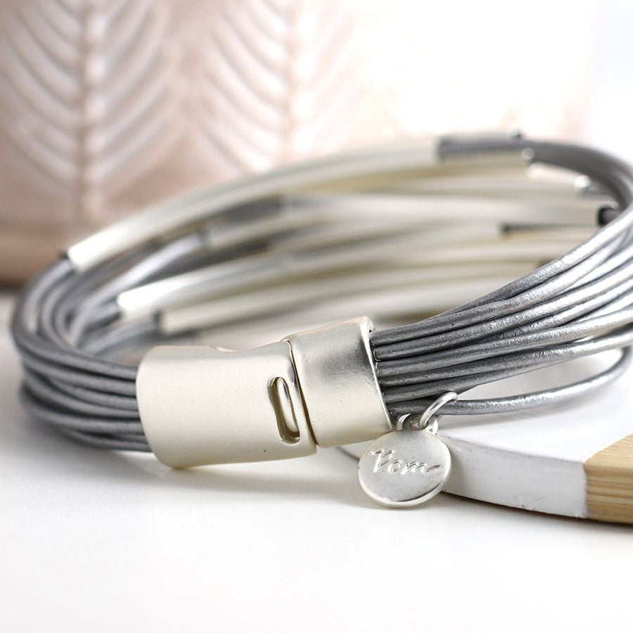 Grey Leather Multi Strand & Silver Bars Bracelet