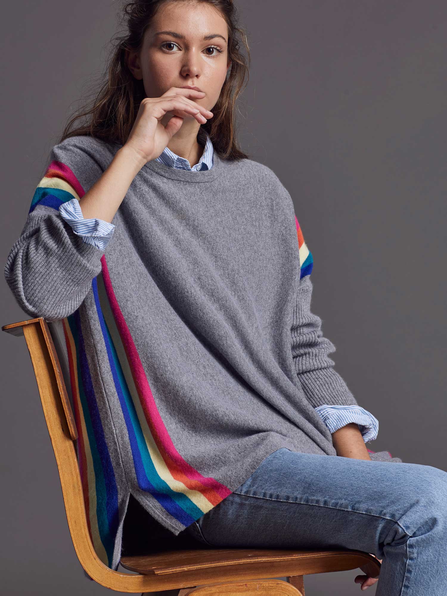 Grey sweater with rainbow stripes top