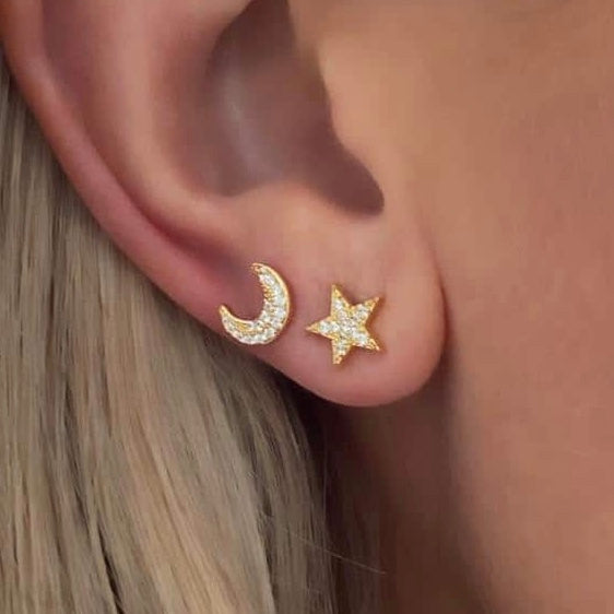 Star & Moon Stud Earrings Gold