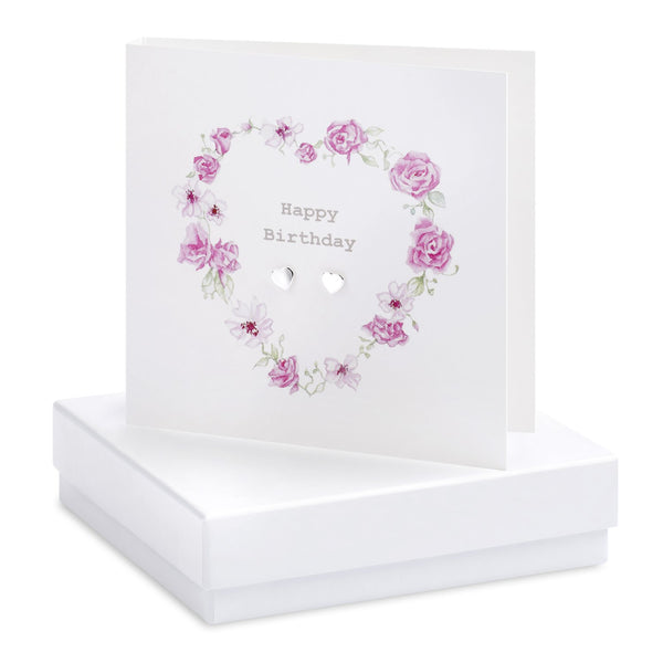 Boxed Floral Heart Wreath Happy Birthday Silver Earring Card