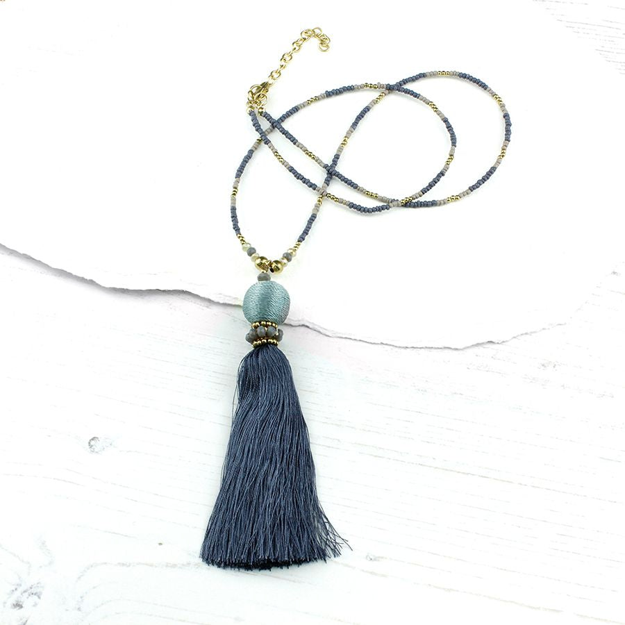 Grey Blue Beaded Tassel Necklace