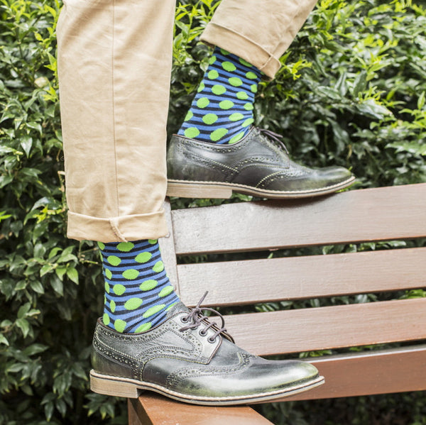 Navy Blue & Green Spots & Stripes Mens Socks