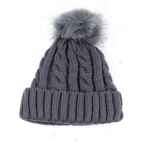 Grey Navy Cable Knit Faux Fur Bobble Hat