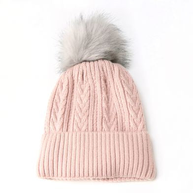 Pale Pink Cable Knit Faux Fur Bobble Hat