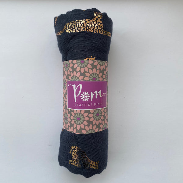 Navy Scarf With Gold Cat Print