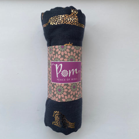 Navy Scarf With Gold Cat Print