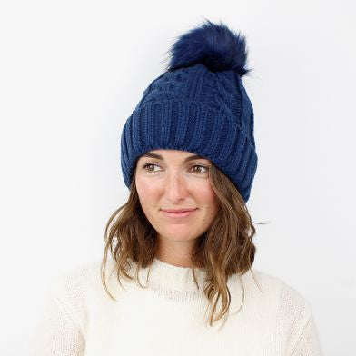 Blue Navy Cable Knit Faux Fur Bobble Hat