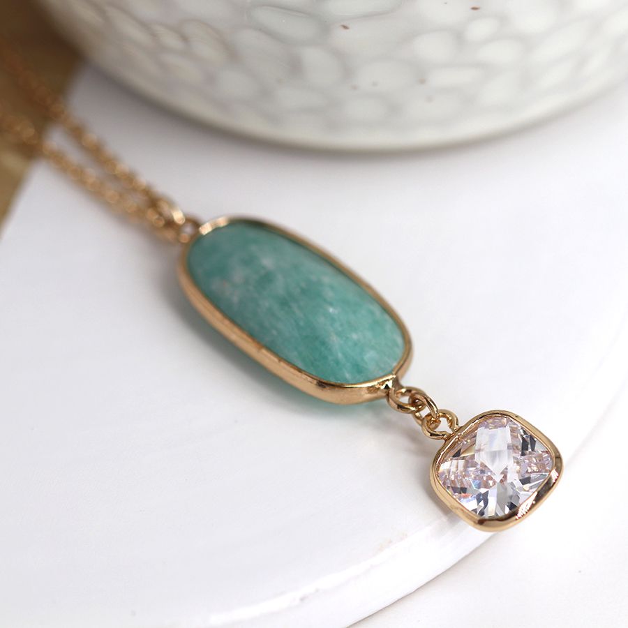 Gold, Aqua & Crystal Drop Necklace