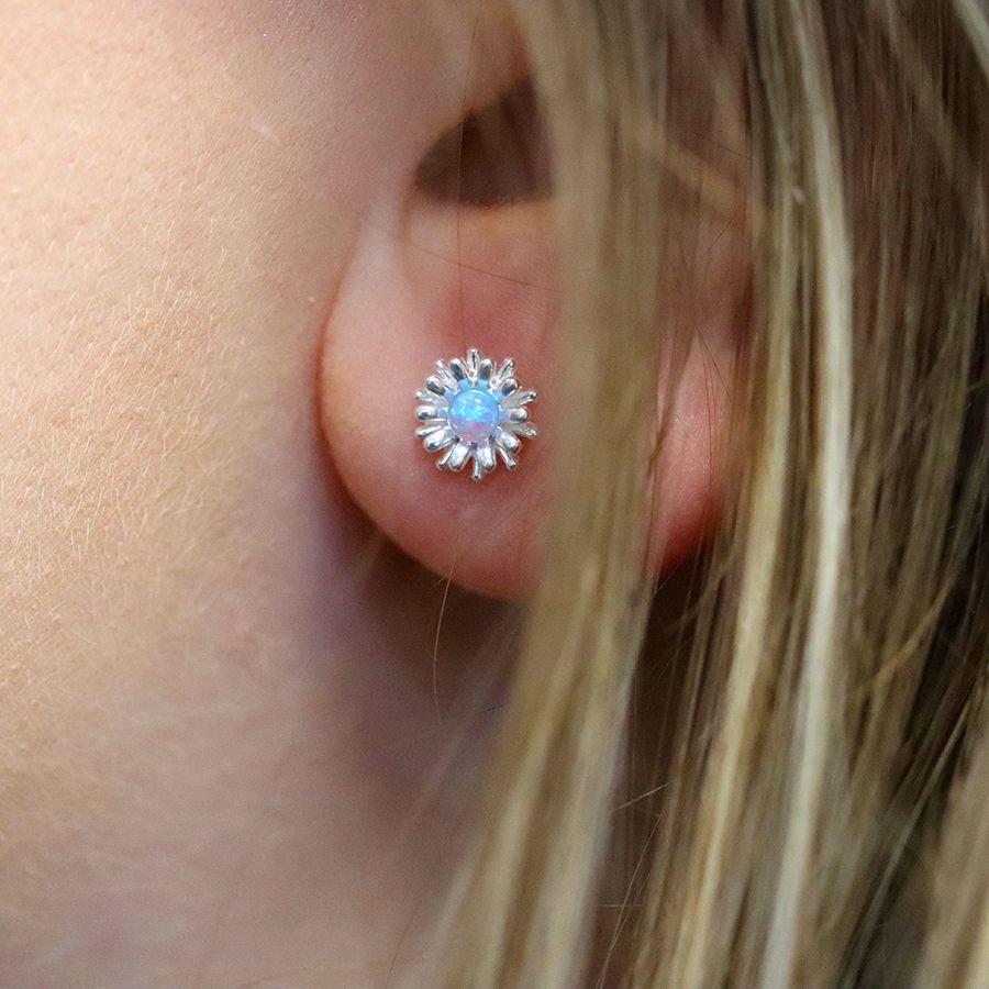 thumbnail image 2 of Small Opal Flower Sterling Silver Stud Earrings - White & Blue, Screw Backs, New With Tags 2 of 5