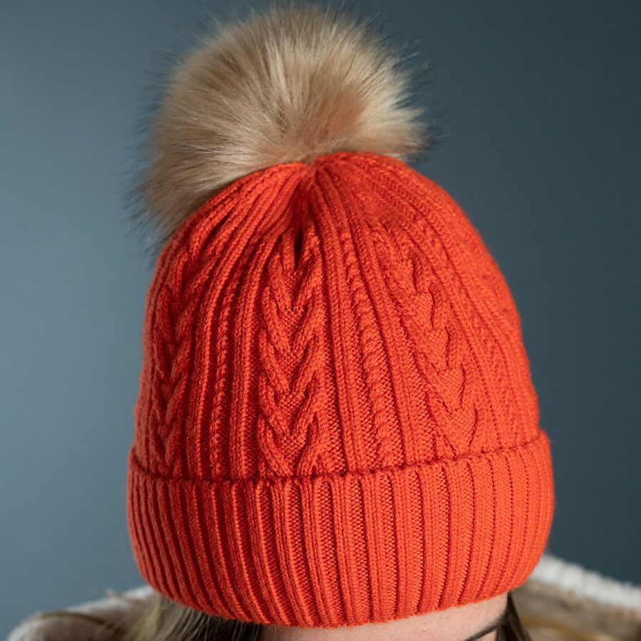 Orange Cable Knit Faux Fur Bobble Hat