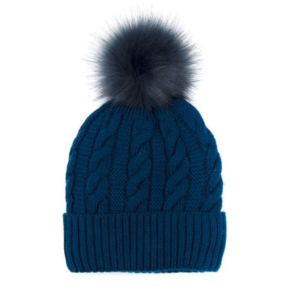 Blue Teal Cable Knit Faux Fur Bobble Hat