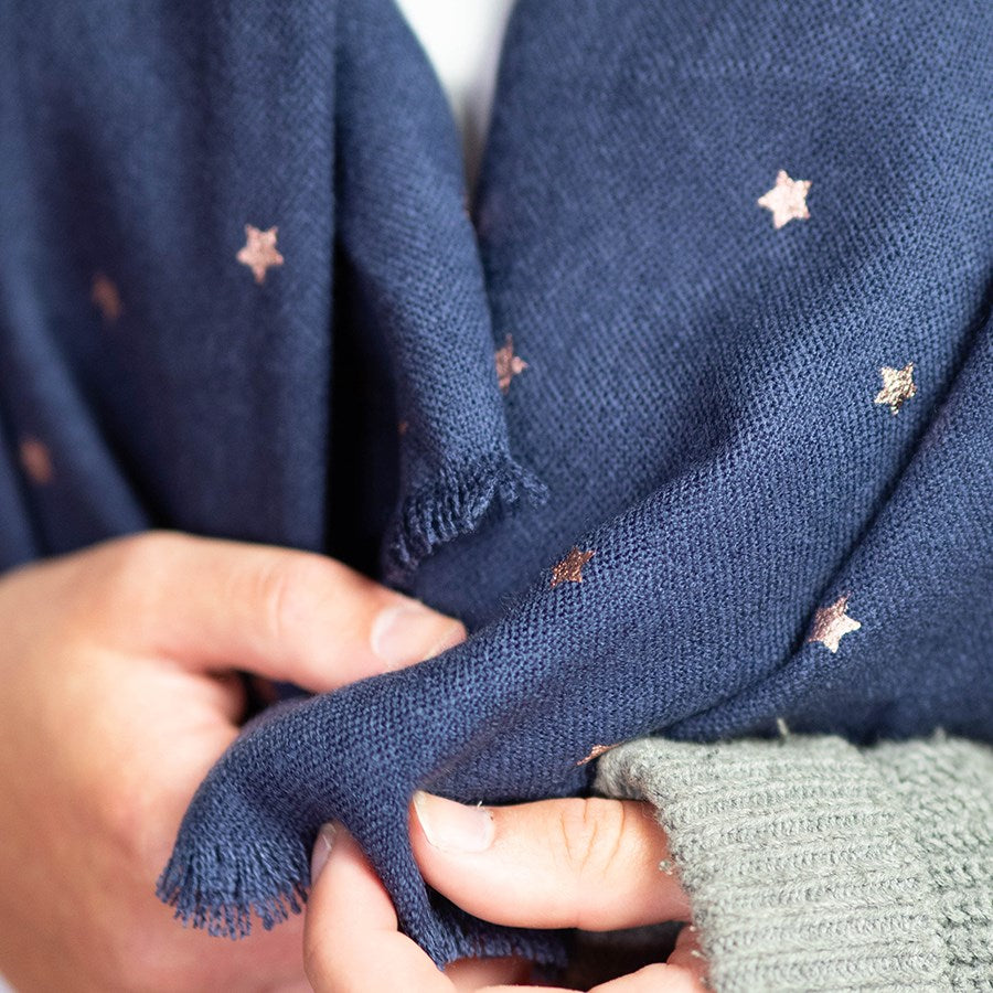 Navy Blue Scarf With Rose Gold Stars