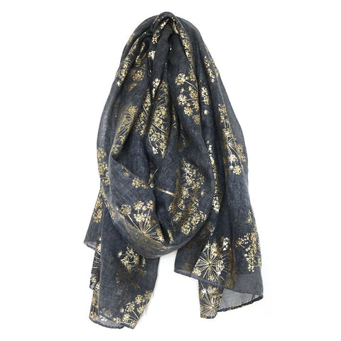 Charcoal Scarf with Gold Foil Cow Parsley Print