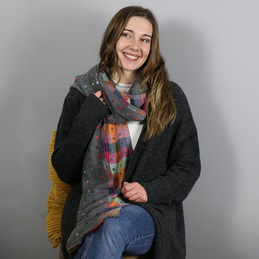 Grey Reversible Multicoloured Heart & Check Scarf