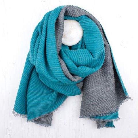 Turquoise And Grey Pleated Reversible Scarf