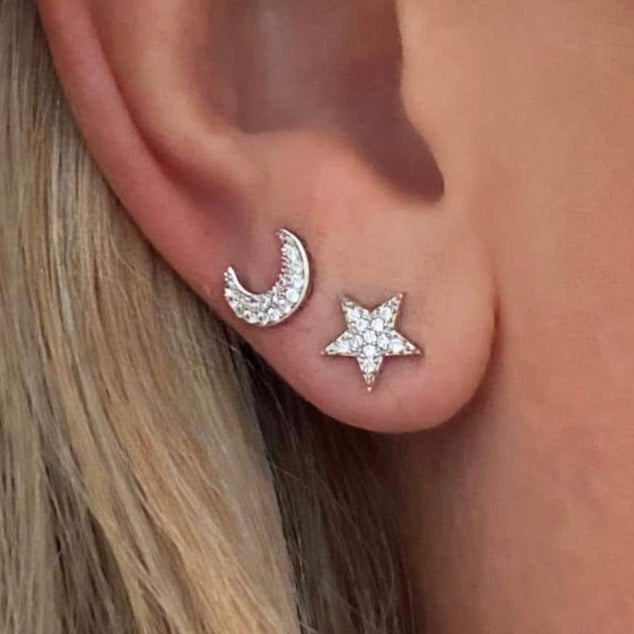 Star & Moon Stud Earrings Silver