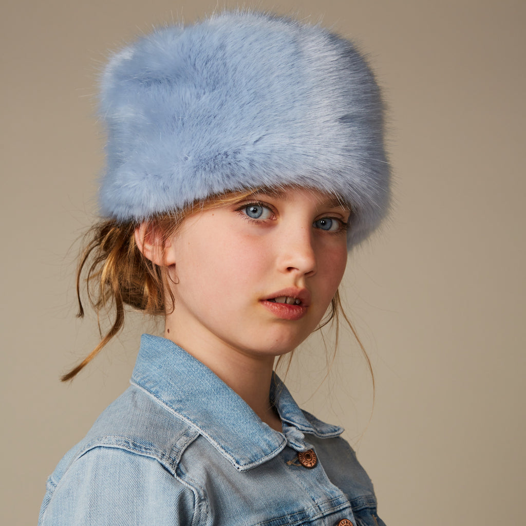 Powder Blue Kids Faux Fur Pillbox Hat