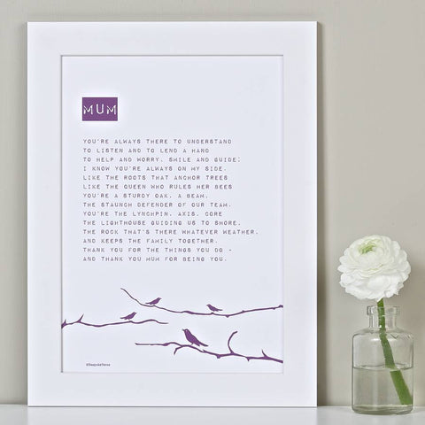 Mum Bird Poem Print Purple