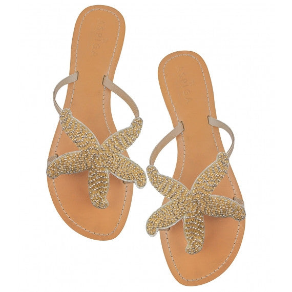 Gold Starfish Beaded Natural Leather Sandals