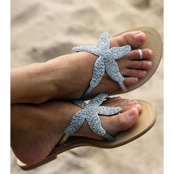 Silver Starfish Beaded Natural Leather Sandals