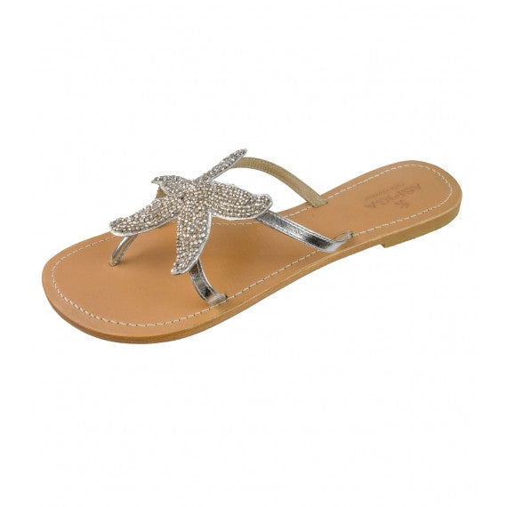 Silver Starfish Beaded Natural Leather Sandals