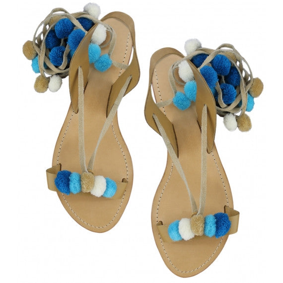 Blue Pom Pom Natural Leather Sandals