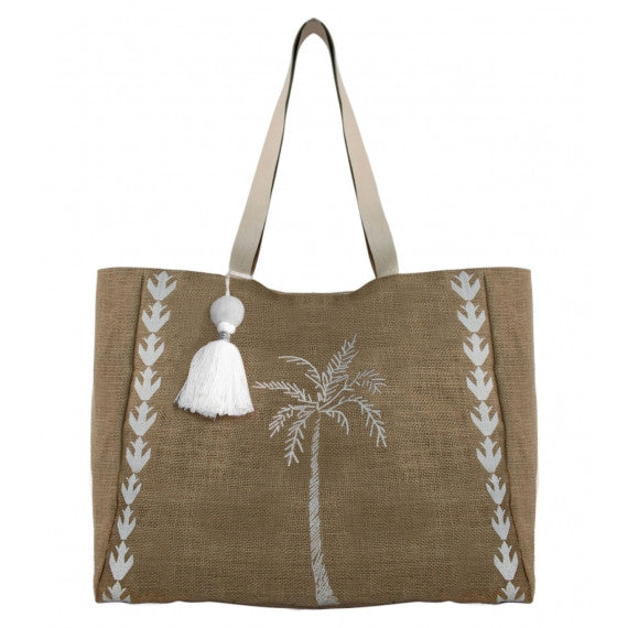 White Palm Tree Jute Beach Bag