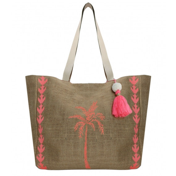 Pink Palm Tree Jute Beach Bag