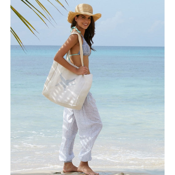 White/Silver Starfish Jute Beach Bag