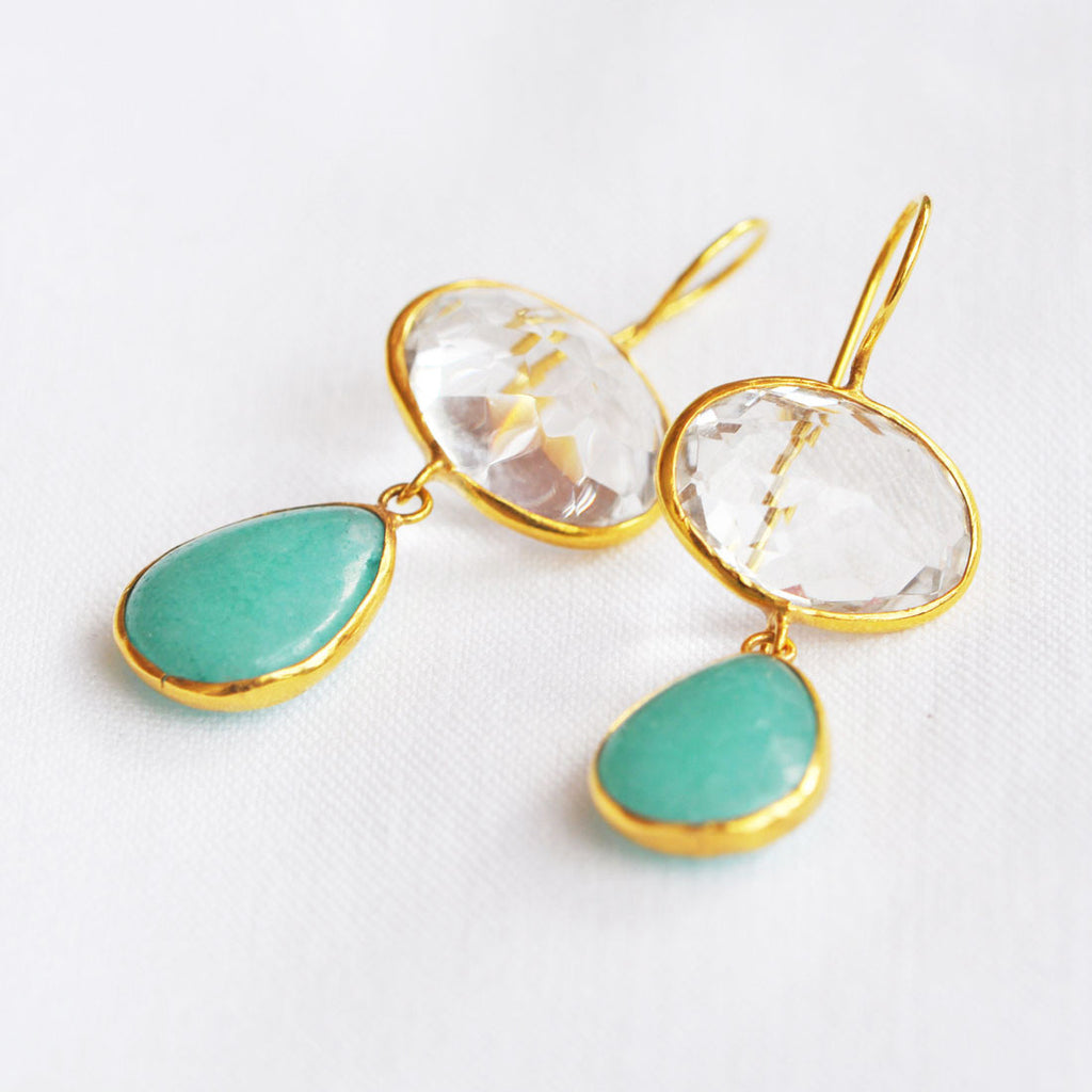 Gold Plated Crystal + Amazonite Earrings