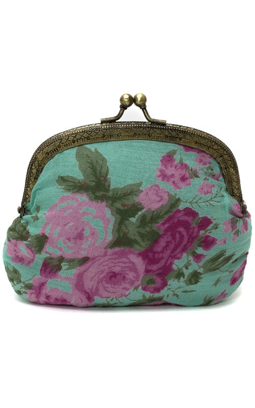 Turquoise Vintage Rose Clip Purse