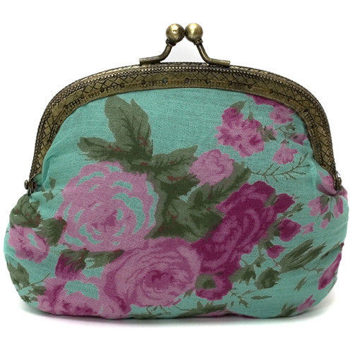 Turquoise Vintage Rose Clip Purse