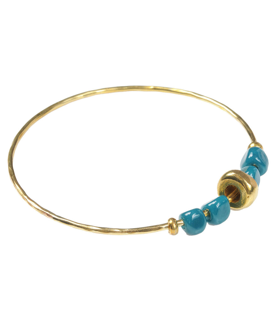 Brass Bangle with Recycled Teal Glass Pebble