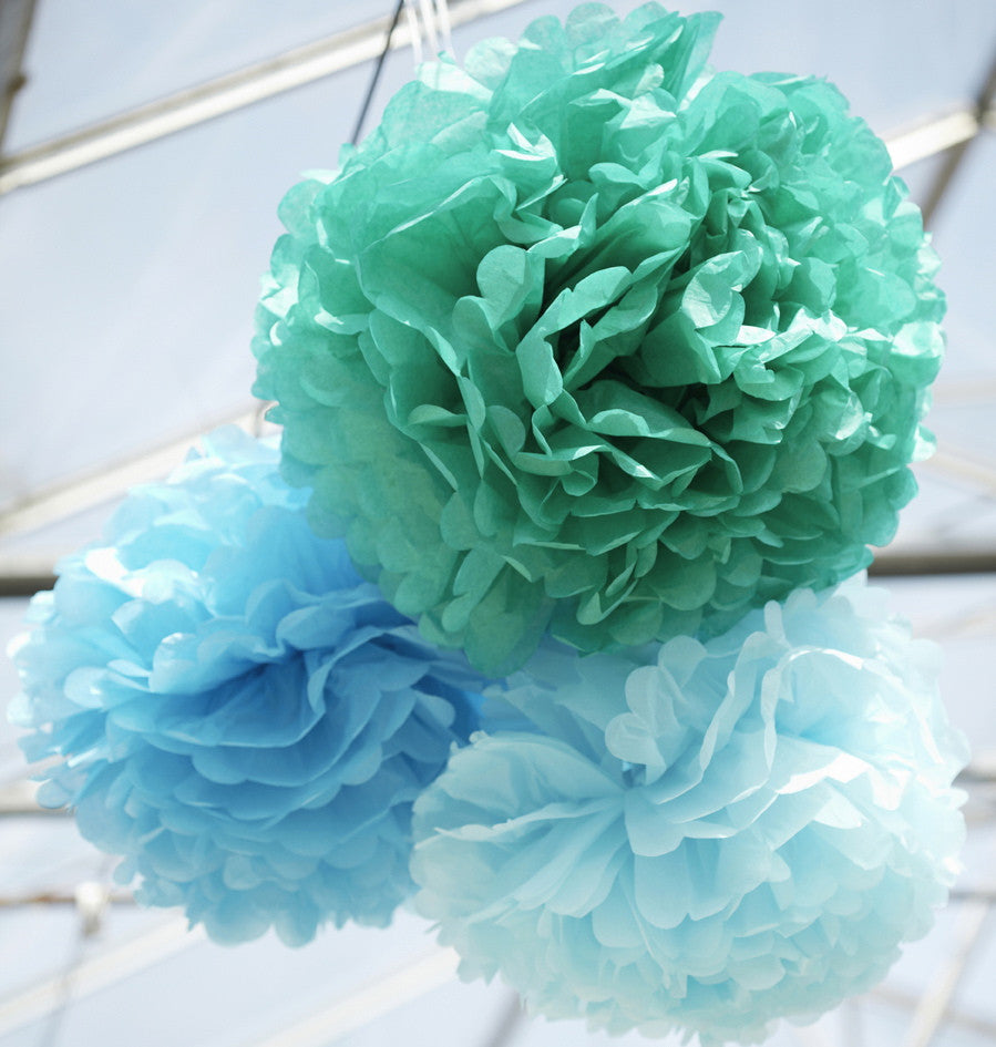 Blue Aqua Large Paper Pom Poms (Set of 3)