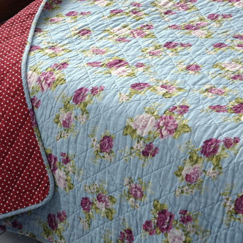 Blue Cottage Rose Quilted Double Bedspread